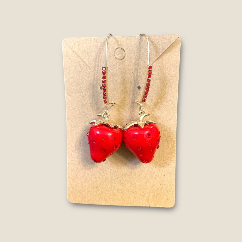 Strawberry Dangle Earrings With Gold-Tone Accents & Red Rhinestone Detailing Fun